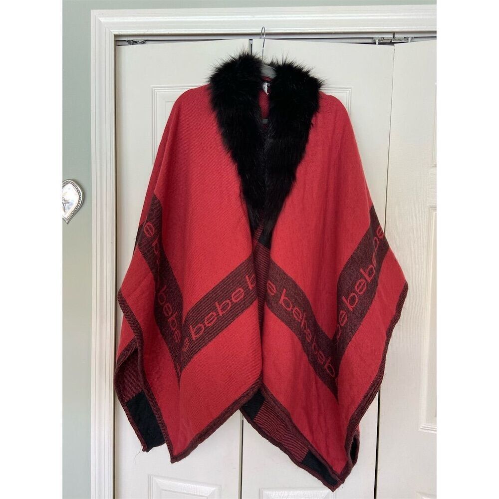 Bebe Red and Black Cape with Faux Fur Collar